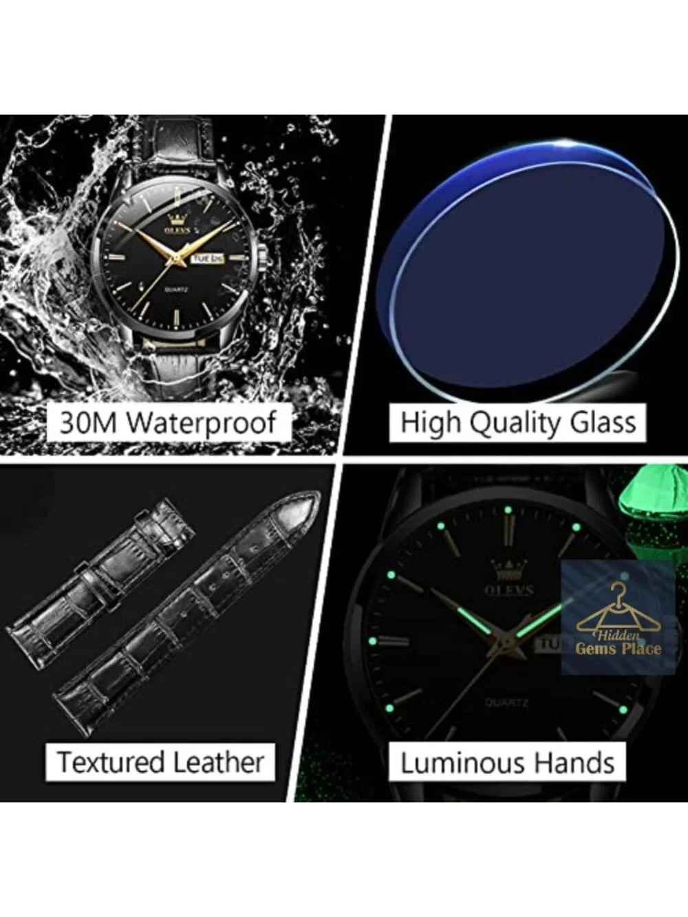 Men's Quartz Dress Watch with Day Date Luminous Hands Stainless Steel Leather